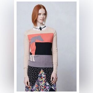 Anthropologie Lusitanio Colorblock Horse Sweater - Coral, Black, Gray, Cream sm